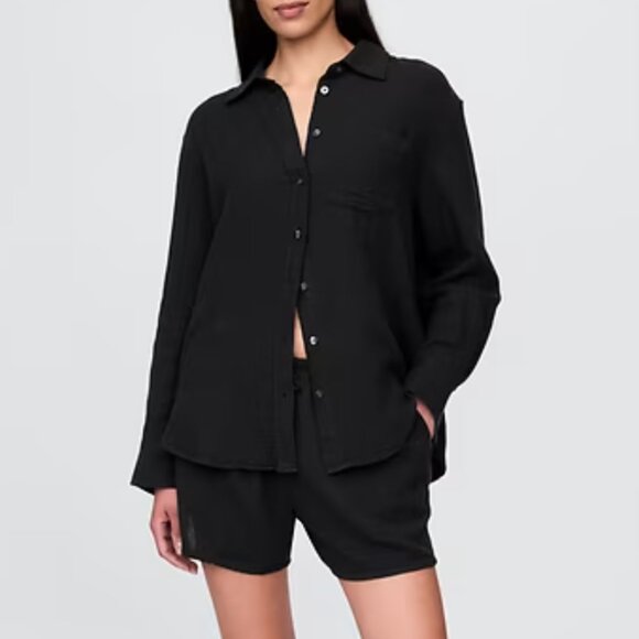 NWT Gap Cotton Gauze Button-Down Shirt Petite Large PL LP M Black - Picture 1 of 5